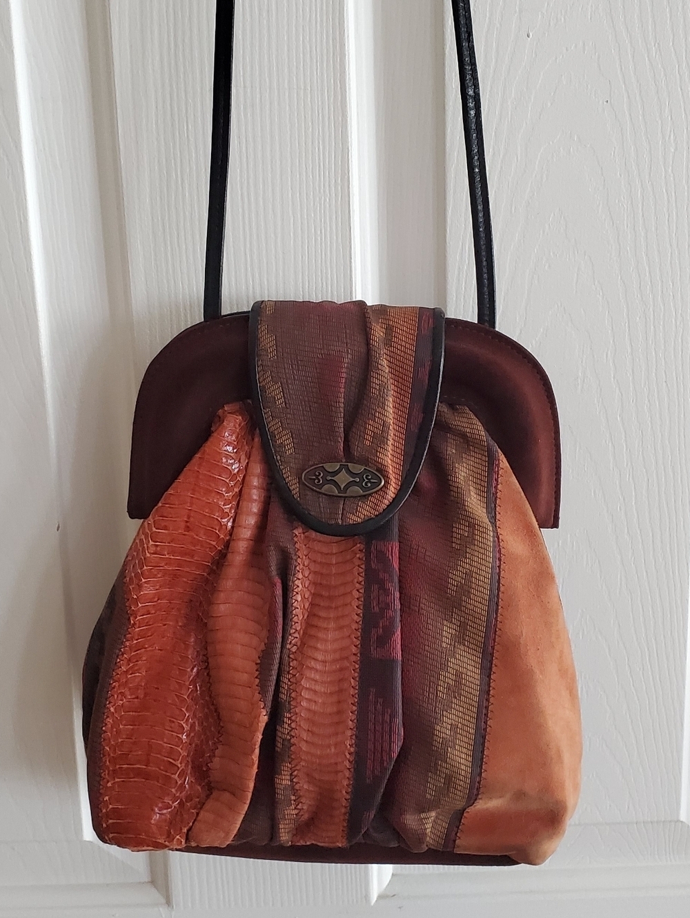 J. Renee Vintage 70s Snake Skin Suede And  Tapestry Patchwork boho Sholder bag